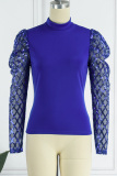 Blue Casual Patchwork Sequins See-through Turtleneck Tops