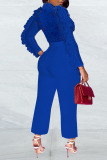 Blue Sexy Solid Patchwork See-through Half A Turtleneck Straight Jumpsuits