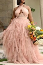 Pink Sexy Casual Solid Patchwork Backless Halter Sleeveless Dress Plus Size Dresses