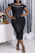 Black Sexy Formal Patchwork Sequins See-through O Neck Evening Dress Plus Size Dresses
