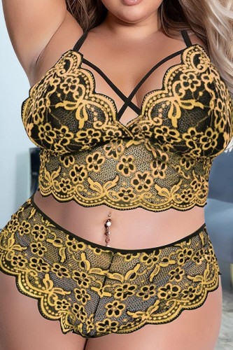 Yellow Sexy Patchwork See-through Backless Lingerie