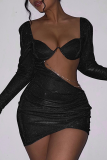 Black Sexy Pierced Bright Silk Square Collar Pencil Skirt Dresses