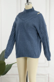 Royal Blue Casual Solid Hollowed Out Turtleneck Tops