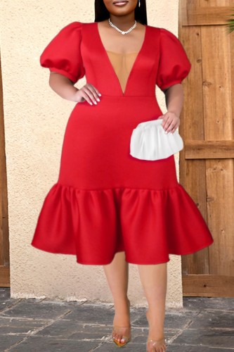 Red Casual Solid Patchwork See-through V Neck A Line Plus Size Dresses