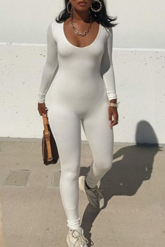 White Casual Solid Basic O Neck Skinny Jumpsuits