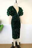 Ink Green Sexy Formal Patchwork Sequins V Neck One Step Skirt Plus Size Dresses