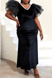 Black Sexy Formal Solid Patchwork V Neck Evening Dress Plus Size Dresses