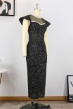 Black Sexy Formal Patchwork Sequins See-through O Neck Evening Dress Plus Size Dresses