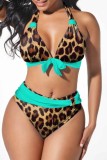 Green Sexy Print Bandage Patchwork Backless Swimwears (With Paddings)