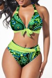 Green Sexy Print Bandage Patchwork Backless Swimwears (With Paddings)