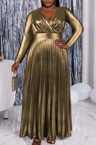 Gold Casual Solid Patchwork Fold V Neck Pleated Plus Size Dresses