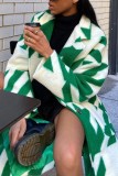 Green Casual Print Cardigan Turndown Collar Outerwear