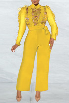 Yellow Sexy Solid Patchwork See-through Half A Turtleneck Straight Jumpsuits