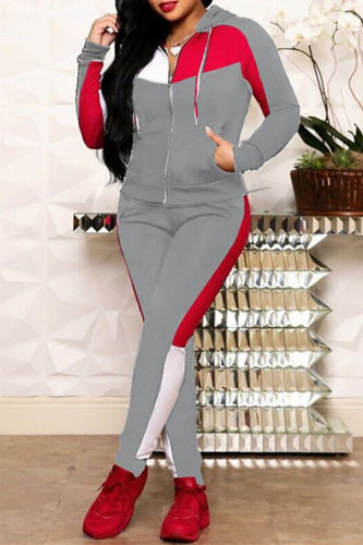 Grey Casual Patchwork Contrast Hooded Collar Long Sleeve Two Pieces