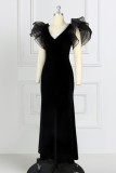 Black Sexy Formal Solid Patchwork V Neck Evening Dress Plus Size Dresses
