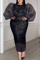 Black Sexy Formal Patchwork Sequins See-through O Neck One Step Skirt Plus Size Dresses
