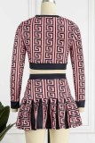 Coffee Casual Print Patchwork O Neck Long Sleeve Two Pieces