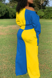 blue and yellow Casual Patchwork Solid Patchwork Frenulum Pants Knotted Bateau Neck Plus Size 
