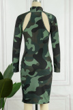 Army Green Casual Camouflage Print Hollowed Out Turtleneck Long Sleeve Dresses