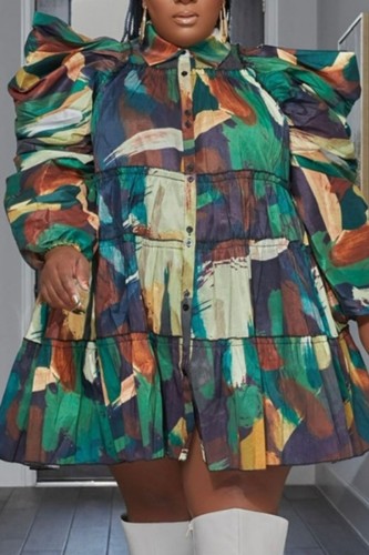 Green Casual Print Patchwork Shirt Collar Shirt Dress Plus Size Dresses