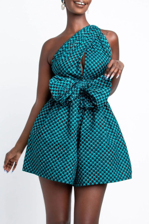 Blue Casual Print Bandage Patchwork Asymmetrical Collar Straight Jumpsuits