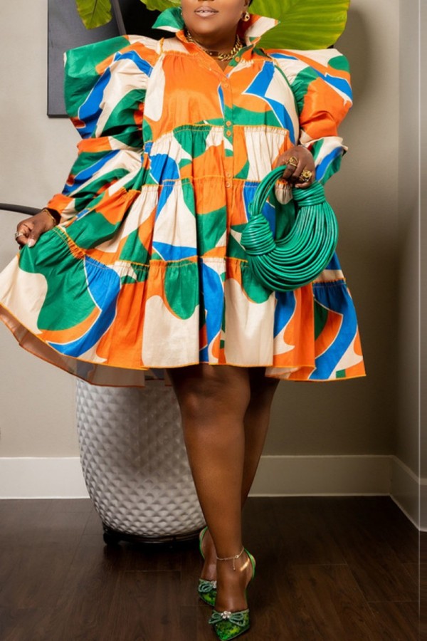 Casual Print Patchwork Shirt Collar Long Sleeve Dresses