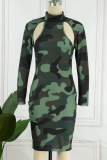 Army Green Casual Camouflage Print Hollowed Out Turtleneck Long Sleeve Dresses