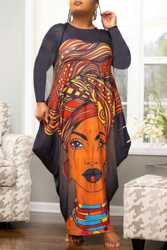 Black Casual Print Basic O Neck Long Sleeve Plus Size Dresses