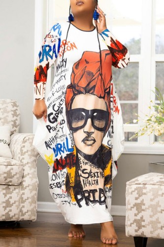 White Casual Print Basic O Neck Long Sleeve Plus Size Dresses
