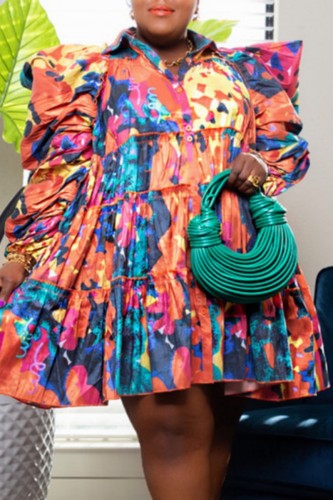Colour Casual Print Patchwork Shirt Collar Shirt Dress Plus Size Dresses