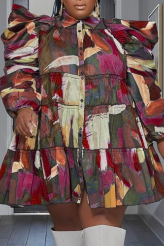 Red Casual Print Patchwork Shirt Collar Shirt Dress Plus Size Dresses