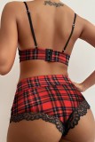 Pink Sexy Plaid Print Patchwork Backless Lingerie