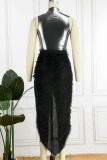 Black Sexy Solid Patchwork Asymmetrical Half A Turtleneck Sleeveless Two Pieces