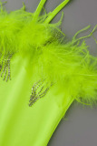 Fluorescent Green Sexy Solid Patchwork Feathers Spaghetti Strap Skinny Jumpsuits