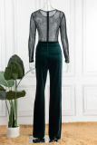 Ink Green Sexy Solid Patchwork See-through Hot Drill O Neck Straight Jumpsuits