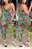 Cyan Fashion Sexy Print Patchwork Sleeveless Slip Jumpsuits