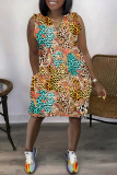 Apricot Casual Print Basic V Neck Sleeveless Dress Dresses