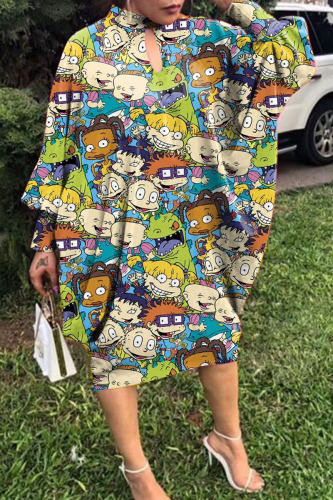 Colour Casual Print Hollowed Out Half A Turtleneck Long Sleeve Dresses