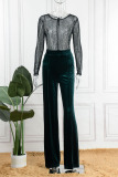 Ink Green Sexy Solid Patchwork See-through Hot Drill O Neck Straight Jumpsuits