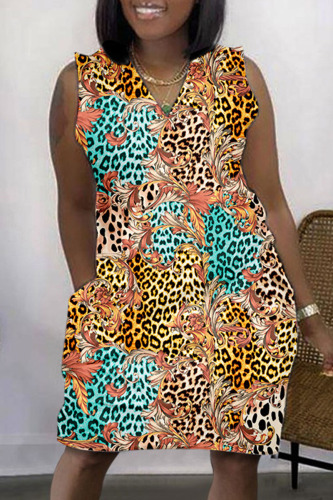 Apricot Casual Print Basic V Neck Sleeveless Dress Dresses
