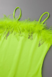 Fluorescent Green Sexy Solid Patchwork Feathers Spaghetti Strap Skinny Jumpsuits