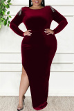 Black Sexy Casual Solid Patchwork Metal Accessories Decoration Backless Slit O Neck Long Sleeve Plus Size Dresses
