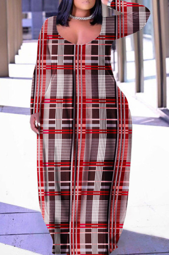 Red Casual Print Patchwork Basic V Neck Long Sleeve Plus Size Dresses