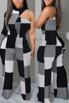 Grey Casual Print Hollowed Out Patchwork Half A Turtleneck Straight Jumpsuits