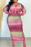 Multicolor Casual Print Patchwork Half A Turtleneck Long Sleeve Plus Size Dresses