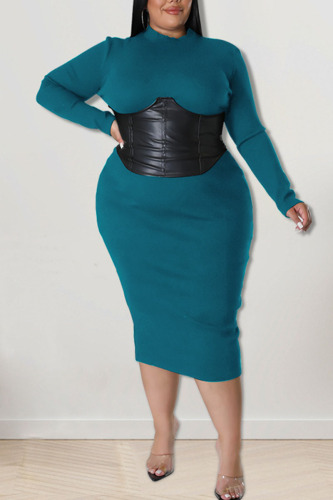 Lake Blue Fashion Sexy Solid Patchwork O Neck One Step Skirt Plus Size Dresses