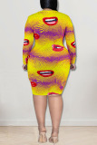 Yellow Sexy Print Hollowed Out Patchwork O Neck Pencil Skirt Dresses