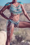 Silver Sexy Patchwork Tassel Chains Backless Accessories Two Piece Set