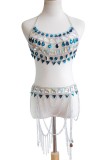 Silver Sexy Patchwork Tassel Chains Backless Accessories Two Piece Set