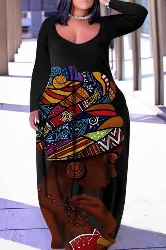 Black Casual Print Patchwork Basic V Neck Long Sleeve Plus Size Dresses